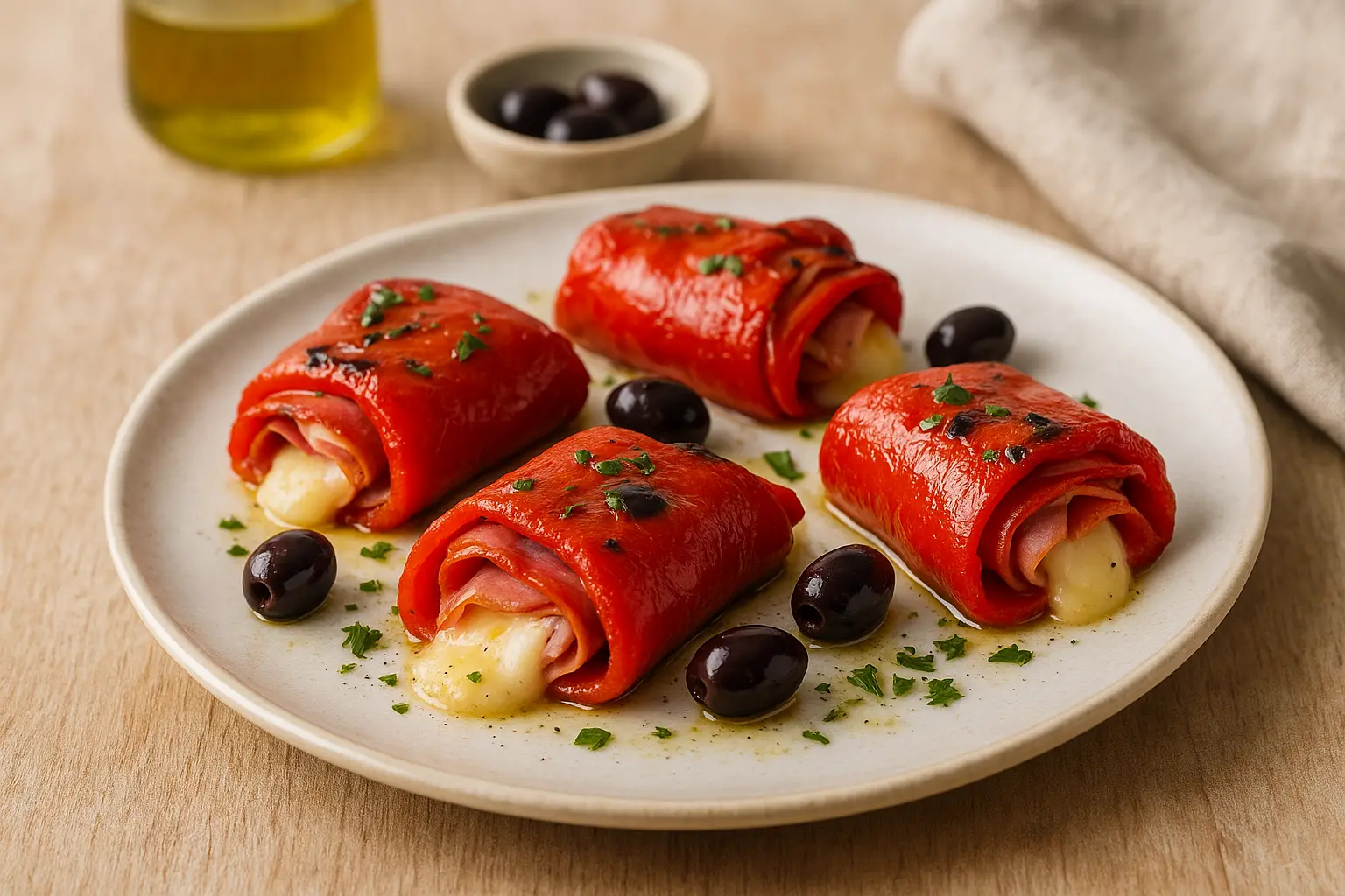 Involtini di peperone con prosciutto, scamorza e olive in friggitrice ad aria