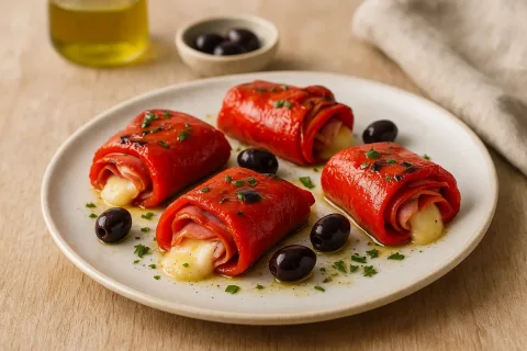 Involtini di peperone con prosciutto, scamorza e olive in friggitrice ad aria