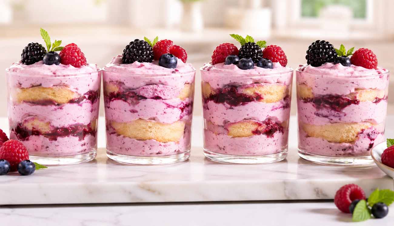 Tiramisù senza uova con yogurt ai frutti di bosco